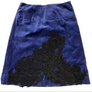 Anthropologie Elevenses Blue velvet skirt black embroidery